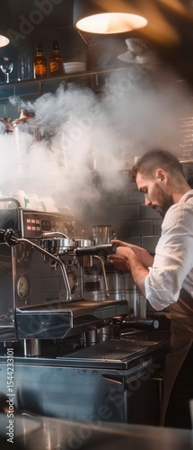 Clumsy barista fumbling with a machine, steam everywhere cafe ambient lighting lifestyle photography.