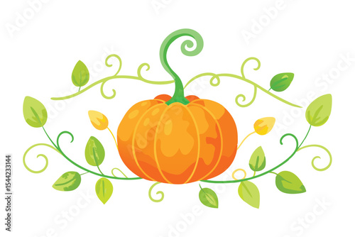 Cartoon Pumpkin Illustration Autumn Harvest Design with Vines and Leaves Decoration