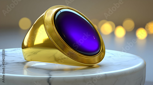 Close-up a luxurious gold signet ring featuring a deep purple amethyst gemstone, elegantly displayed a marble surface.