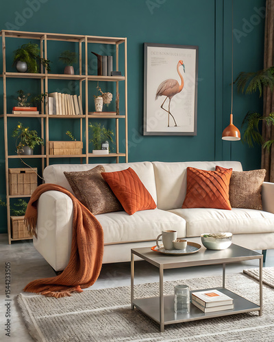 Wallpaper Mural Modern Living Room Interior Design Plush Sofa, Teal Walls, and Warm Accents Torontodigital.ca