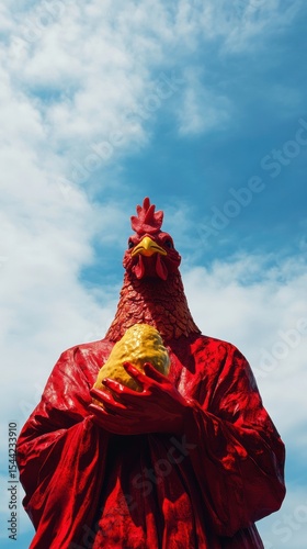 Giant Red Chicken Statue Holding a Yellow Object Under Blue Sky