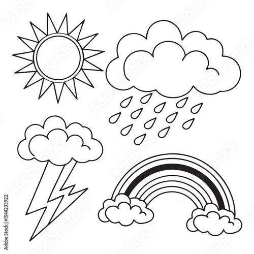 Black and White Weather Icons Sun, Rain, Cloud, Rainbow, Lightning
