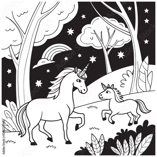 Enchanted Forest Black and White Unicorn and Foal Night Scene