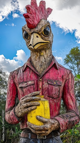 Giant Wooden Chicken Sculpture Holding Jar in Outdoor Setting