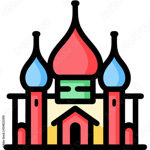 Cartoon St Basils Cathedral with Colorful Domes and Black Outline.
