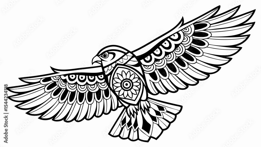 Obraz premium Detailed Black and White Flying Eagle Illustration with Floral Design.