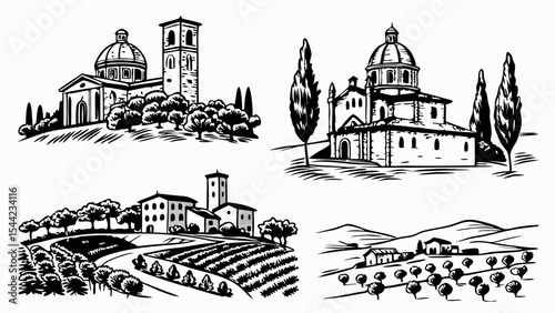 Tuscan Landscape Sketch: Three Italian Architectural Styles.