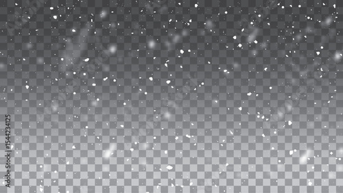 Falling snowflakes with blurry snow particles on dark transparent background. Vector illustration