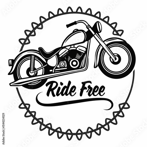 Monochrome Motorcycle Emblem with Ride Free Slogan.
