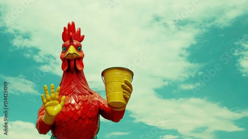 Oversized Red Chicken Statue Holding Yellow Cup Against Blue Sky