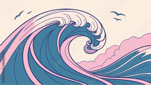Stylized Teal and Pink Ocean Wave with Birds.