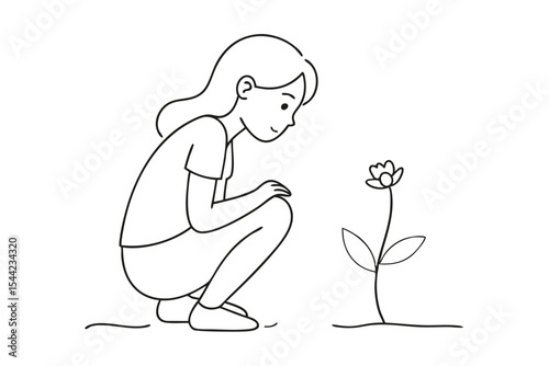 Cartoon Woman Squatting Looking at Single Flower on White Background Drawing