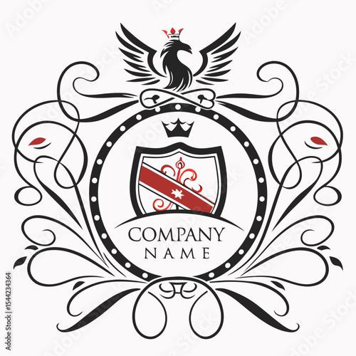 Elegant Black and Red Heraldic Crest with Crowned Eagle.
