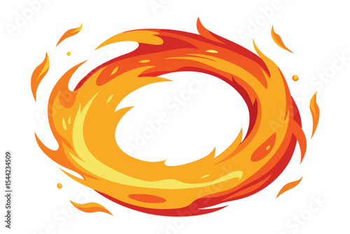 Cartoonish Fiery Ring with Yellow and Orange Flames, Isolated on White Background