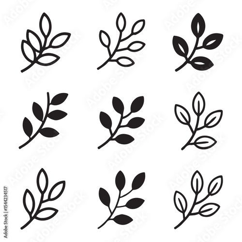 Branch Icon Set for Nature. Set of Simple Black and White Line Art Branch and Leaf Icons
