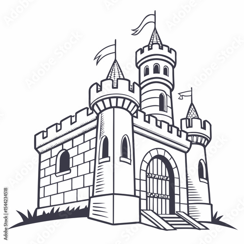 Detailed Black and White Medieval Castle Illustration.