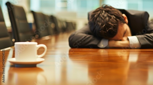 Burnout a corporate employee sleeps at the clean office conference table, empty coffee cup nearby, subtle lighting 16:9 aspect ratio.
