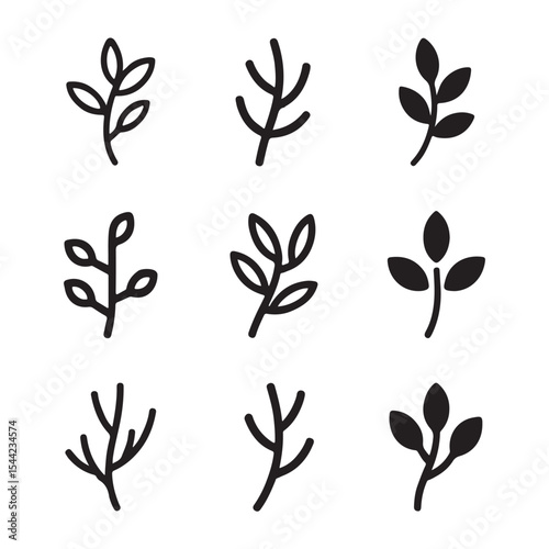 Branch Icon Set for Nature. Set of Simple Black and White Line Art Branch and Leaf Icons
