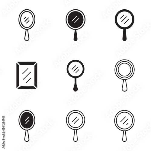 Mirror Icon Set for Decor. Set of Handheld Mirror Illustrations in Black and White
