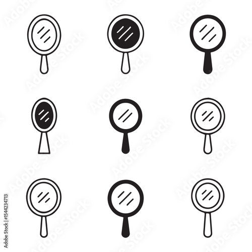 Mirror Icon Set for Decor. Set of Handheld Mirror Illustrations in Black and White
