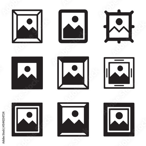 Picture Frame Icon Set Collection. Nine Different Picture Frames with Mountain Scenery

