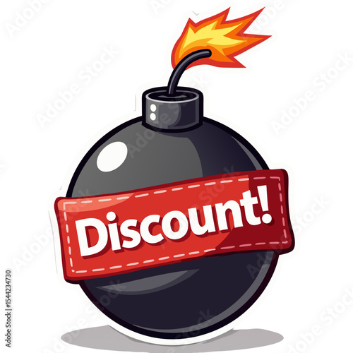 Cartoon Bomb Discount Icon: Black Bomb with Red Discount Label and Lit Fuse.