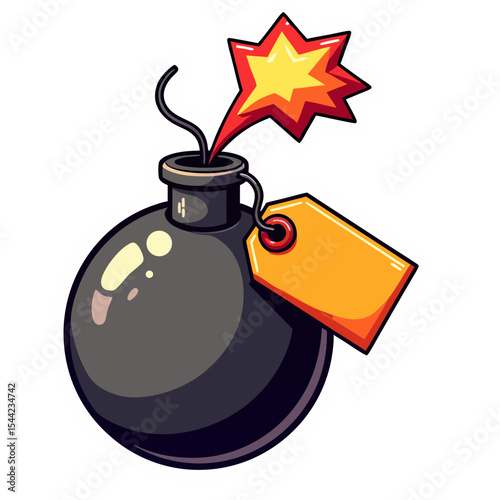 Cartoon Bomb with Burning Fuse and Tag.
