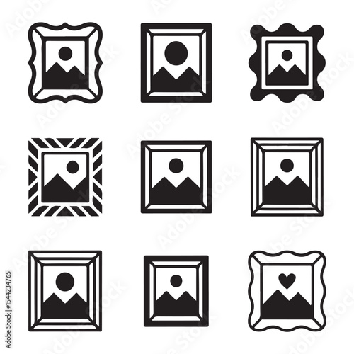 Picture Frame Icon Set Collection. Nine Different Picture Frames with Mountain Scenery
