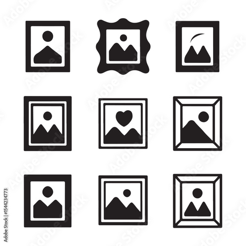 Picture Frame Icon Set Collection. Nine Different Picture Frames with Mountain Scenery
