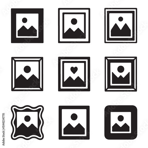 Picture Frame Icon Set Collection. Nine Different Picture Frames with Mountain Scenery
