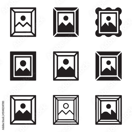 Picture Frame Icon Set Collection. Nine Different Picture Frames with Mountain Scenery
