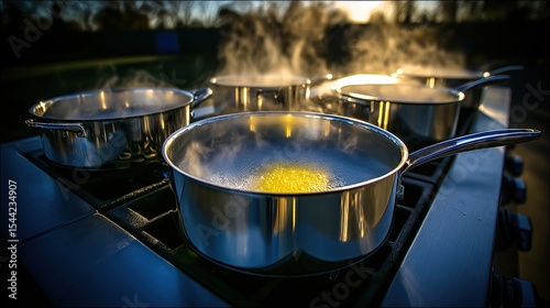 Multiple stainless steel pots on a stovetop, steaming, bathed in warm sunlight