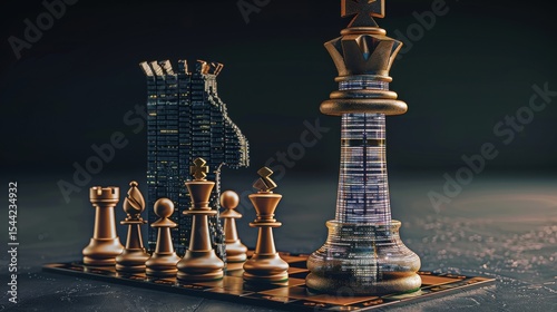 Chess king transforms into a skyscraper intricate modern style, symbolizing business leadership and growth on the chessboard.