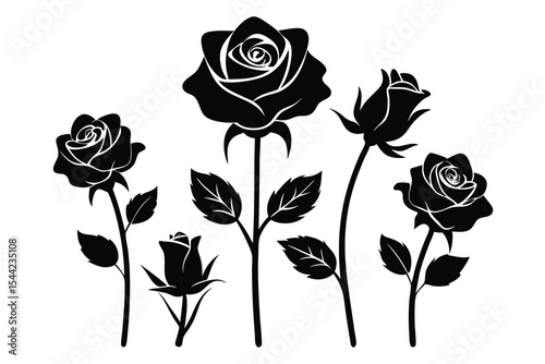 Collection of Elegant Black Rose Silhouettes with Stems and Leaves on White Background