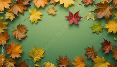  Vibrant Autumn Leaves Scattered on Fresh Green Background