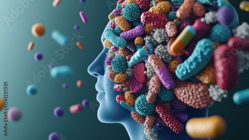 Artistic Human Silhouette Filled with Colorful Microorganisms Representing Creativity and Imagination in a Surreal Style
