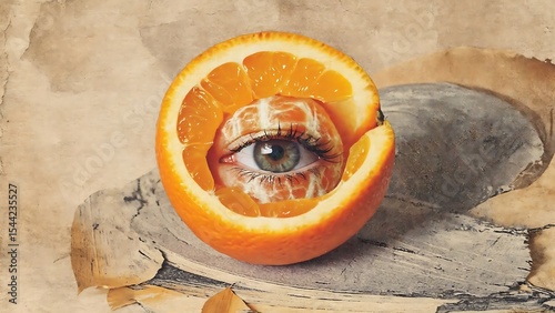 Surreal eye inside an orange, a unique and captivating composition on a textured background.