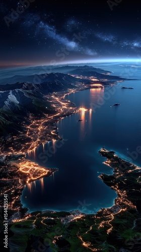 Aerial view of coastal towns at night