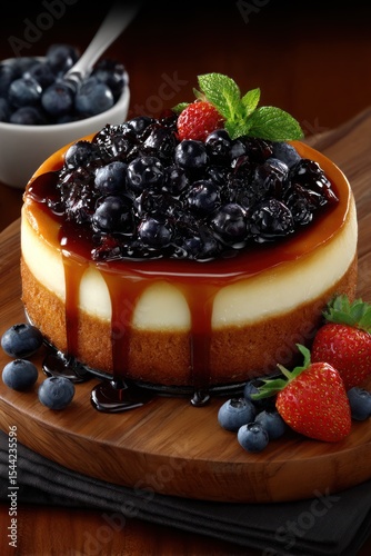 Blueberry cheesecake on wooden board