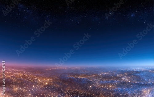 City lights glimmering through atmospheric haze at night.  Vast expanse of starry sky