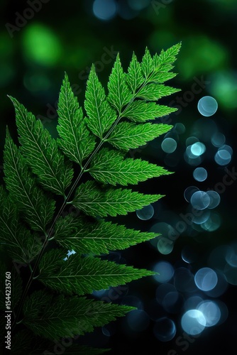 Close-up of a fern frond in a dark forest setting