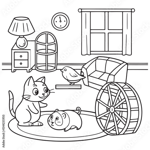 Adorable Cat, Hamster & Bird in Living Room Line Art Illustration