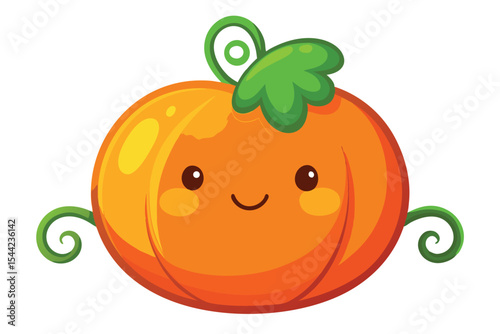 Cute Cartoon Pumpkin with Smiling Face, Green Stem and Vines, Isolated on White
