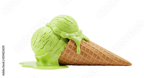 Delicious pistachio flavor scoops in a cone melting dessert summer treat refreshment food photography on transparent background
