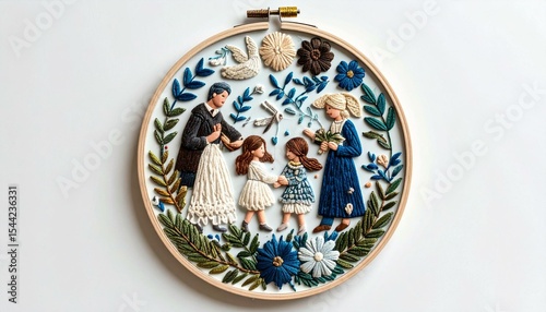 The image shows a beautiful embroidery hoop art featuring a family portrait with a mother, father, and two daughters, embellished with floral and nature-inspired