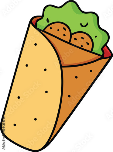 Cartoon illustration of a delicious falafel wrap with lettuce