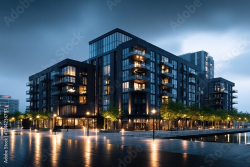 Modern apartment complex at dusk overlooking water