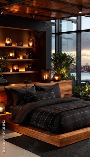 Modern bedroom with dark tones and city view