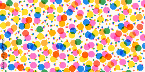 Pattern of cheerful multi colored dots and scattered confetti with texture and transparent effect. Risograph dots pattern
