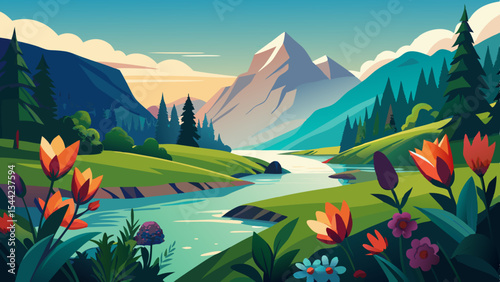 Beautiful flowers on mountain river in the mountains nature and river vector illustration